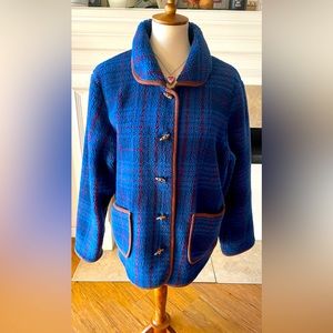 ORVIS Womens Large  Blue Plaid Jacket Fleece Sherpa Deep Pile Toggle Buttons